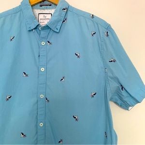 Denim & Flower Bulldog Collar Button Up Short Sleeve Tee Shirt Top in Blue (XL)